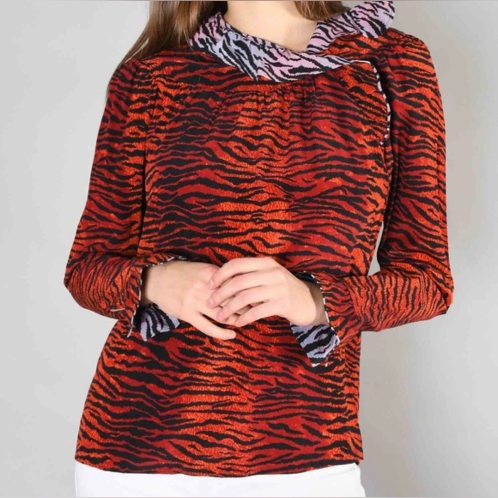KENZO x H&M red/pink/black tiger stripe long sleeve silk top w/ ruffle accents